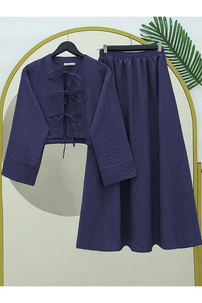 MACMODA Linen Suit with Lace-Up Front and Elastic Waist Skirt