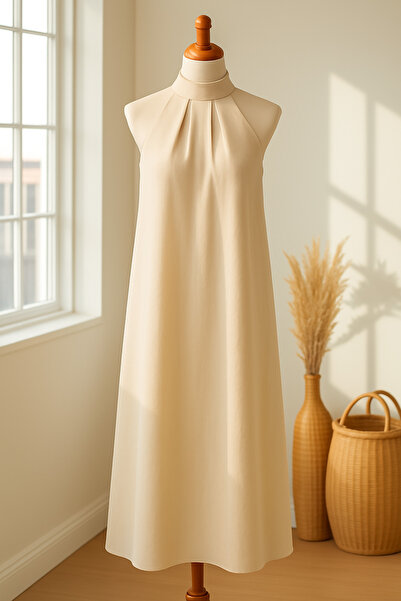 YONEZ MODA Γυναικείο Μίντι Φόρεμα με λαιμόκοψη Halter Casual λινό