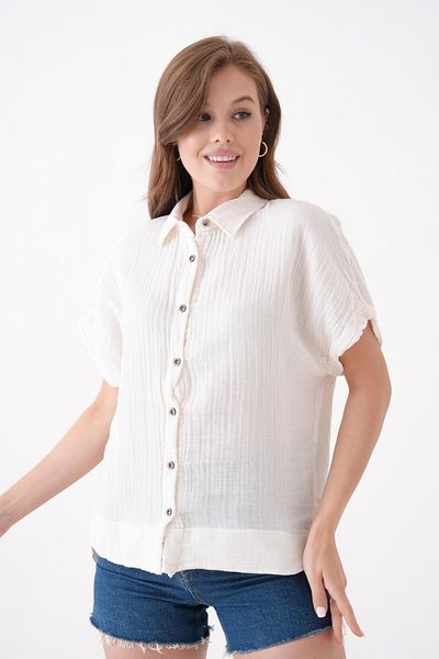 Butik 100% Cotton Button Detail Summer Muslin Bat Shirt Bluz Mg-204