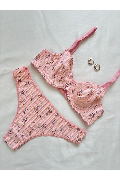 İNKO İÇ GİYİM Floral Pattern Underwire Cotton Camisole Bra Set (Bra Tanga)