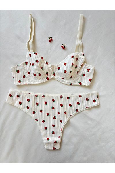 İNKO İÇ GİYİM Set sutien din bumbac cu model căpșuni (sutien tanga)