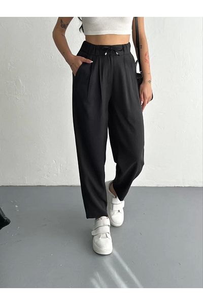 BBbutik Women's High Waist Lace-Up Comfortable Pocketed Pipe Leg Pants - Black
