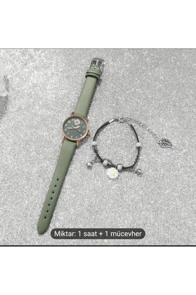 Game طقم ساعة وسوار نسائي باللون الأخضر الزيتوني