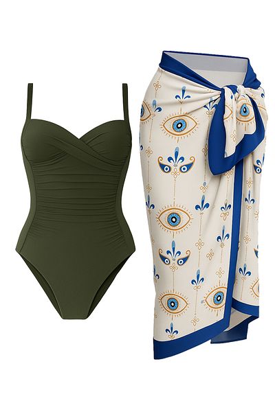 CUPSEA Women's Gathering Draped Khaki Evil Eye Beads Do Not Show Underwear Pareo Set of 2 Stylish and Slimming Effect