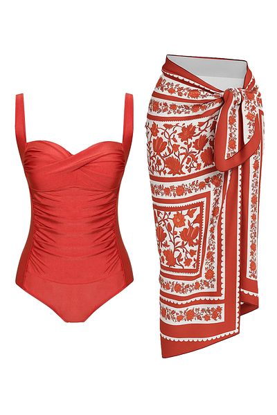 CUPSEA Women's Gathering Draped Cinnamon Rose Patterned Underwear Pareo Set of 2 Stylish and Slimming Effect