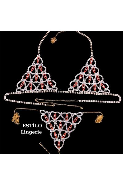 Estilo Lingerie Gold Red Detailed Body Jewelry, Crystal Stone Bikini, Stone Bra Panties, Luxury Underwear Set