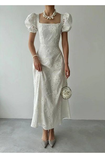 Julidress Ecru White Embroidered Lined Balloon Sleeve Premium Fisto Dress