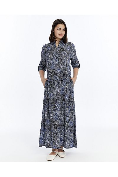 Nehir tekstil Four Button Collar Shirt Collar Pocket Long Viscose Summer Dress