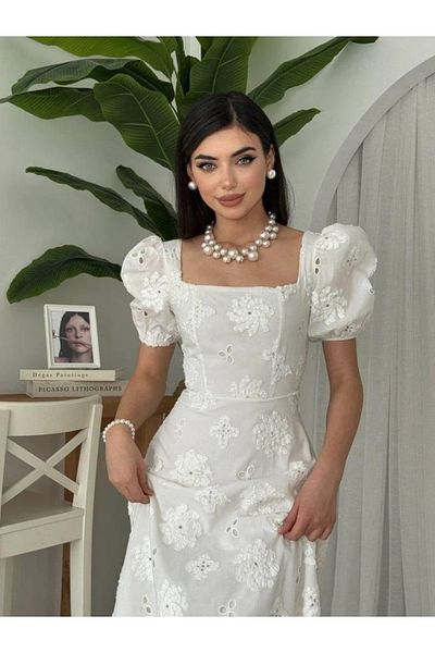 Julidress Ecru White Embroidered Lined Balloon Sleeve Premium Fisto Dress