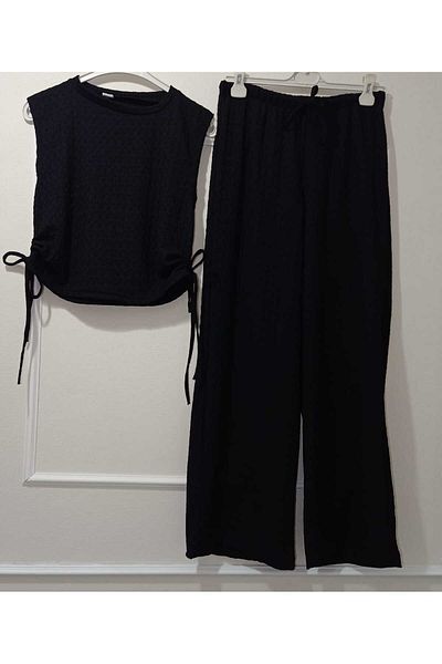 MissPul Women's Seersucker Fabric Crop Pants Suit with Side Drawstring Detail