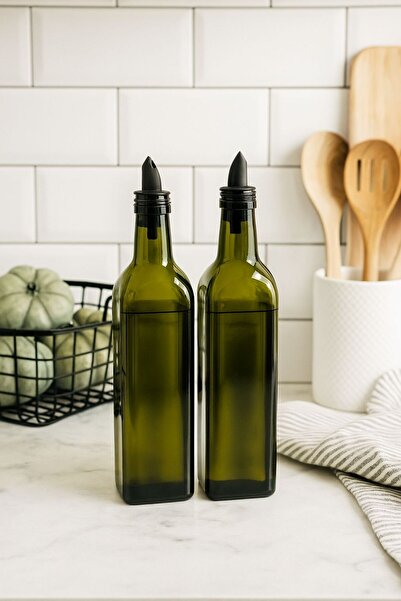 Porselen Diyarı 2'li Silikon Tıpalı Yeşil Cam Yağdanlık Sosluk Yağ Şişesi 29 ...