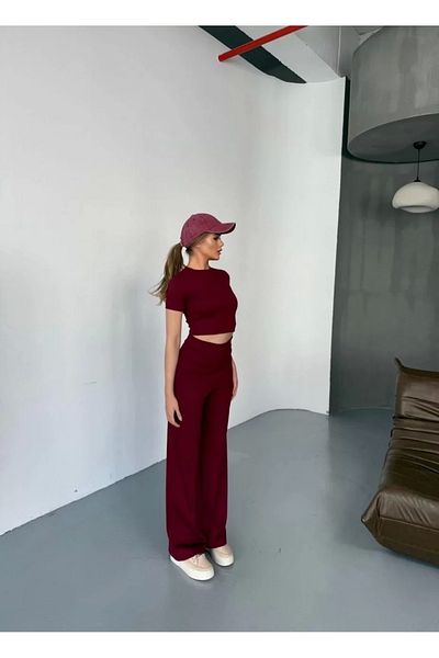 CanselButik Osy Modal Soft Textured Fabric Short Sleeve Crop Comfortable Pantalon Double Set - Claret Red