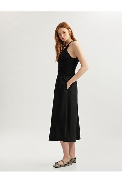 Koton New Season Comfortable Fit Viscose-Linen Blended Long Flared Skirt with Pockets