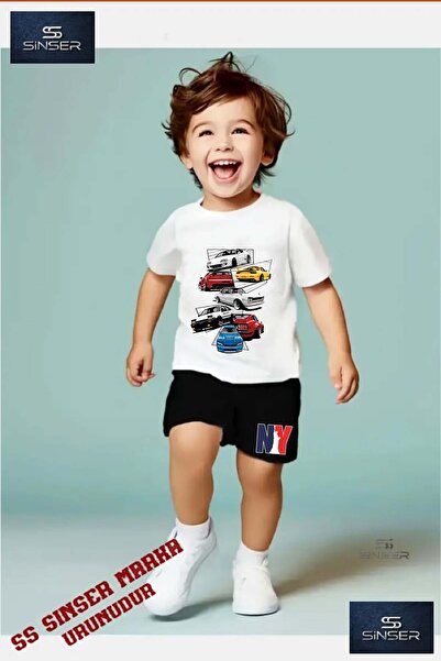 SS SİNSER Tricou cu gât rotund cu imprimeu special pentru copii „CAR MULTIPLE...