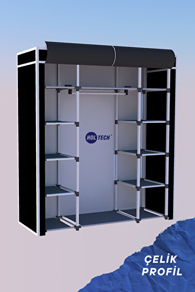 HOLTECH Bez Dolap Çift Yandan Raflı Çelik İskeletli Çok Raflı ve Askılı Kumaş Gardırop - HOLTECH