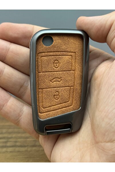 Mavi Keys Husă de protecție pentru telecomandă cu 3 butoane din piele și metal pentru Volkswagen, Skoda, Seat MQB Sustal, maro