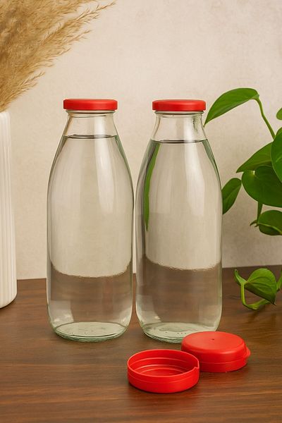Tanemce 2 Pieces 1 Liter Transparent Jug Milk, Buttermilk, Water, Lemonade, Soft Drink Bottle Plastic Lid Glass Bottle
