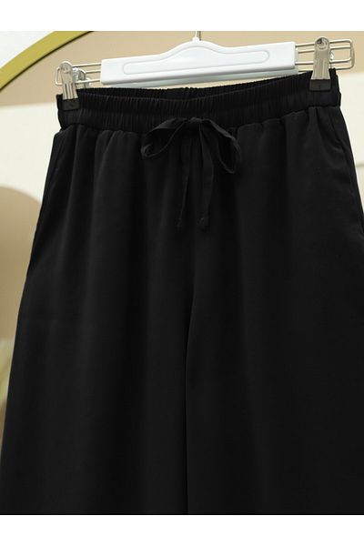 Modamorfo Elastic Waist Lace-Up Wide Leg Modal Fabric Casual Trousers - Black