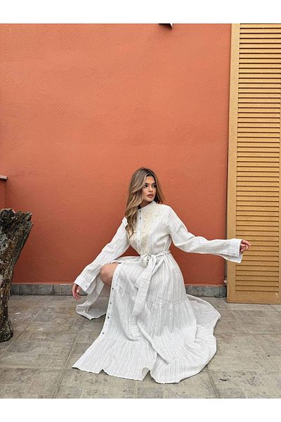 İLKCET MODA Lace Detailed Long Sleeve Seersucker Dress