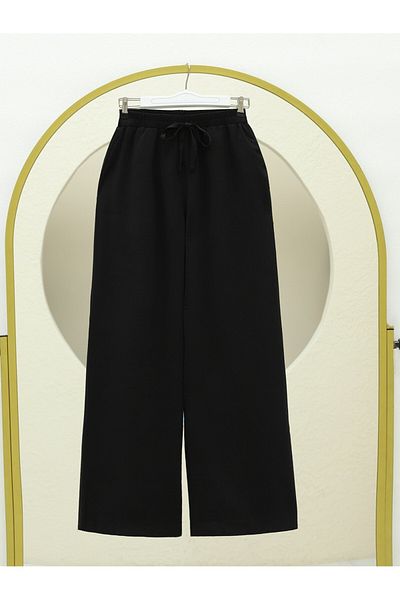Modamorfo Elastic Waist Lace-Up Wide Leg Modal Fabric Casual Trousers - Black