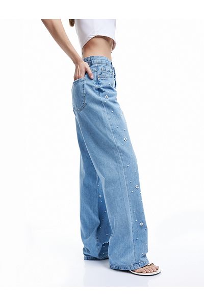 Koton New Season Regular Waist Buttoned Stone Detailed Jean Trousers - Straight Fit Jean