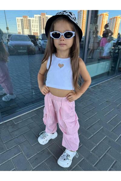 Magu Girl's Cotton Pink Cargo Pants Suit with Pockets - Heart Detailed Crop Tank Top