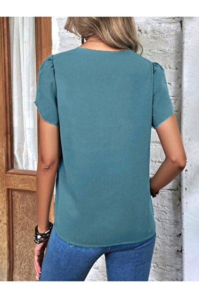 ALPACO Bluză din crep importat cu mânecă scurtă și decolteu în V cu laser -COLLECTION