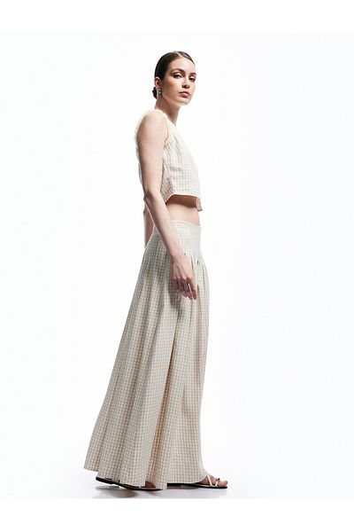 Koton New Season Comfortable Fit A-Line Linen Blend Gingham Long Skirt