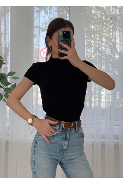 LUVESSE Buzzy Siyah Bebe Kol Basic Yaka Tshirt