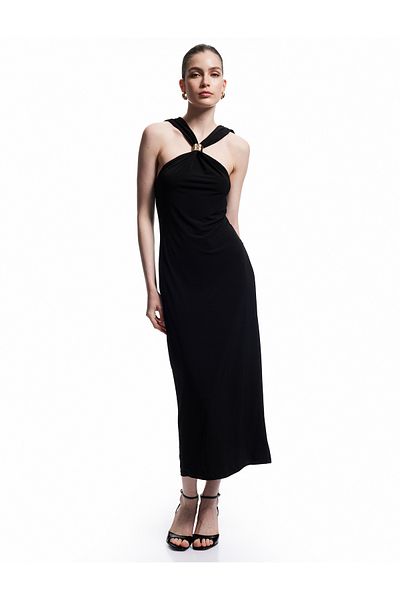 Koton Νέα σεζόν Sandy Fabric Slim Fit Αμάνικο Ασύμμετρο Μίντι Φόρεμα με γιακά με αξεσουάρ