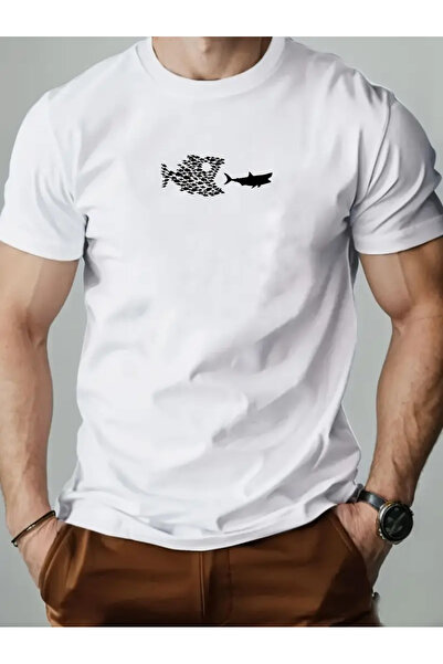 AEMİ تي شيرت برقبة دائرية كبيرة الحجم مطبوع عليه سمكة للجنسين