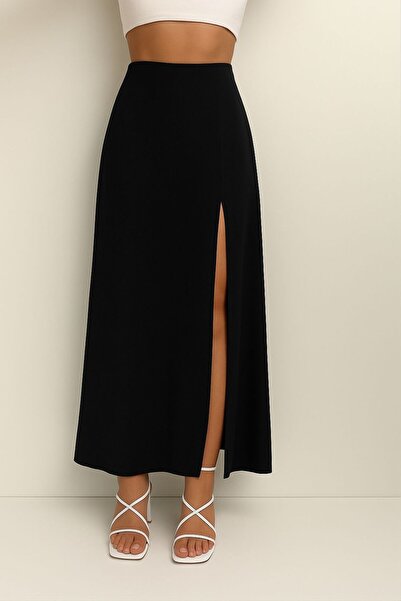 AL&SU BUTİK kadın uzun derin önden yırtmaçlı kumaş etek