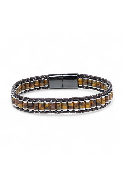 AKSESUARIM Tiger Eye & Hematite Steel Braided Leather Bracelet
