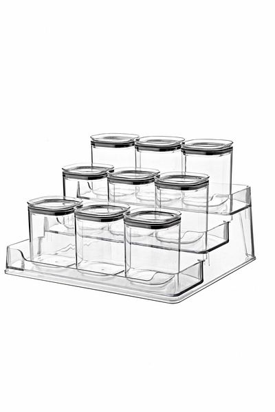 NY HOME Set of 12 Square Spice Storage Containers with Stand and Labels Transparent 250 ml
