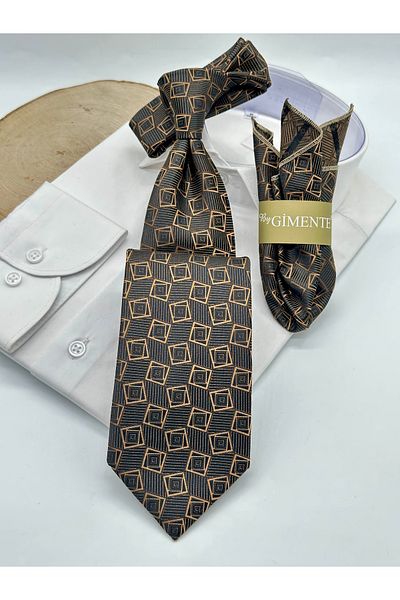 Gutiero Black Patterned Classic Tie with Handkerchief