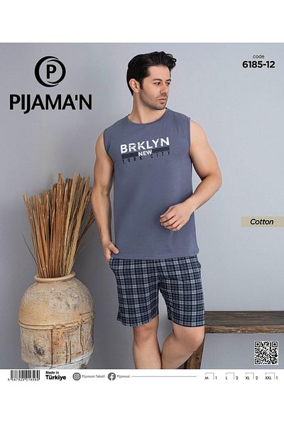 Pijamoni Men's Crew Neck Sleeveless Shorts Pajama Set 6185/12 - 1 Piece