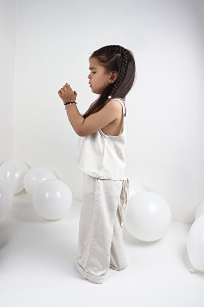 SEUZ KIDS CHILDREN'S CLOTHES Sırt Detaylı Ketenli Dokuma Takım Krem