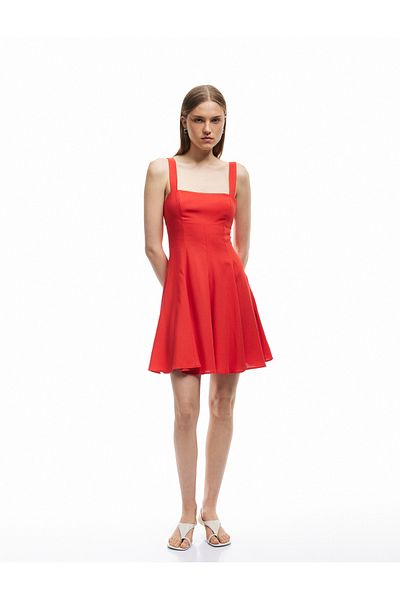 Koton New Season Viscose Linen Blended Square Collar Sleeveless A-Line Strap Mini Dress