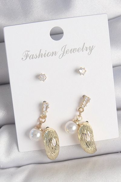 Clariss Brass Gold Color Zircon Stone Pearl Dangle Embroidered Drop Model 3 Pair Women's Earring Set