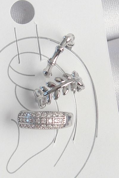 Clariss Brass Silver Color Zircon Stone 3-Piece Model Leaf Figure Women's Cartilage Earrings