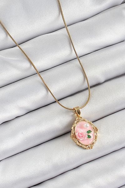 Clariss 316L Steel Chain Pink Artistic Portrait Pearl Detailed Rose Figured Model Gold Color Women's Necklace