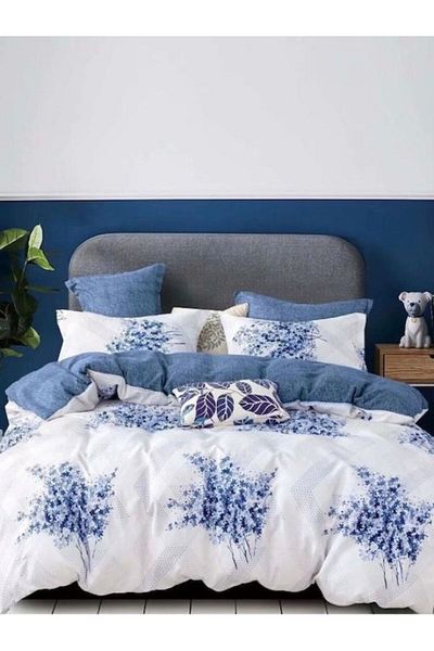 JOJO Lenjerie Bumbac Finet Superior, 4 Piese, Pat 1 Persoana, Albastru/Alb Floral