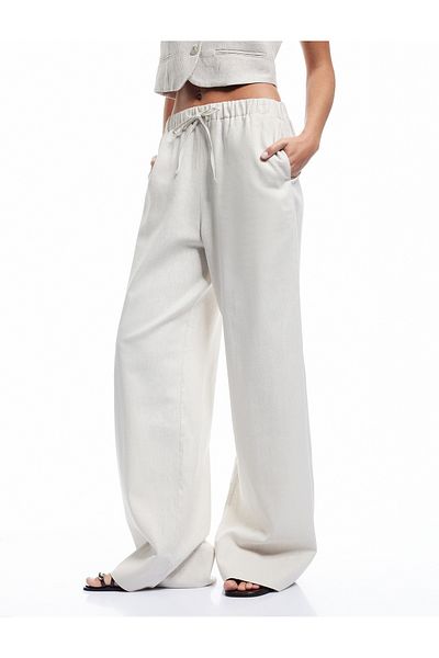 Koton New Season Elastic Waist Tie Pocket Straight Wide Leg Linen Trousers