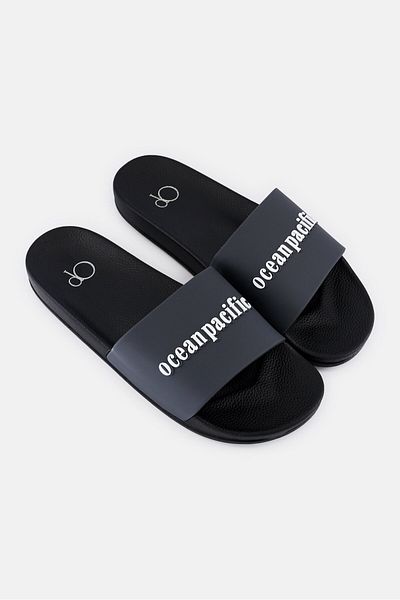 Ocean Pacific Men Brand Logo Slip On Slides, Dark Grey