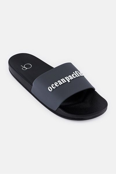 Ocean Pacific Men Brand Logo Slip On Slides, Dark Grey
