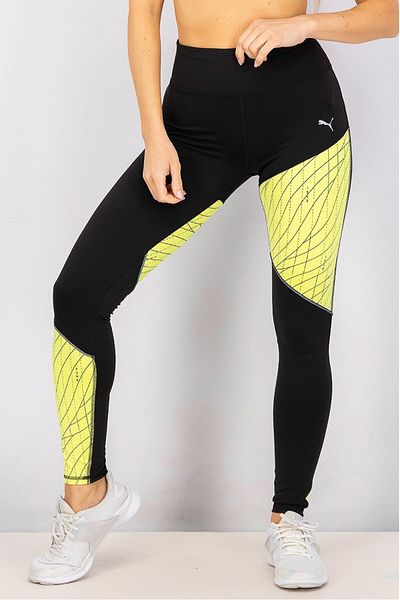 Puma Women Tight Fit Running Leggings, Black and Fizzy Yellow