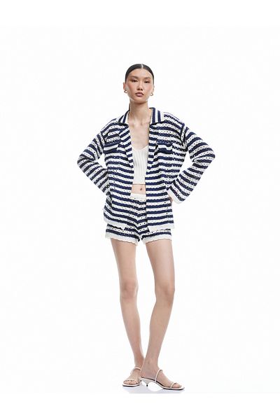 Koton New Season Pocket Detailed Long Sleeve Openwork Striped Oversize Crochet Jacket