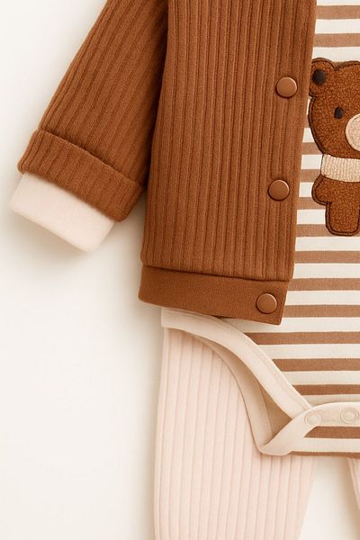 voyyo kids baby Baby Boy Newborn 0-3-6-9 Months Striped Teddy Bear Printed Long Sleeve Body 3-Piece Stylish Set