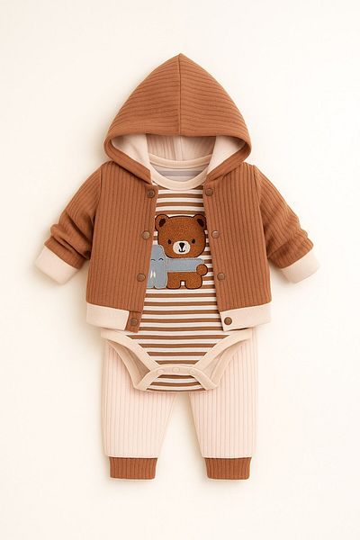 voyyo kids baby Baby Boy Newborn 0-3-6-9 Months Striped Teddy Bear Printed Long Sleeve Body 3-Piece Stylish Set