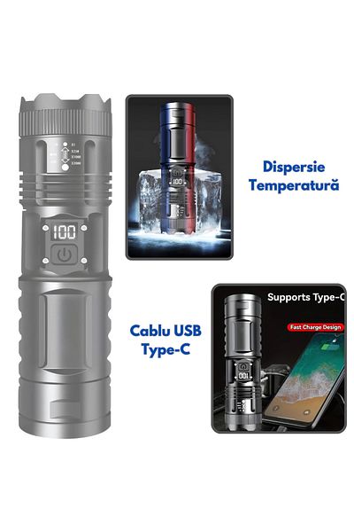 GENERAL APF® Telescopic LED Flashlight, Powerful, Ultra Bright with Phone Charging Function, USB Type C
